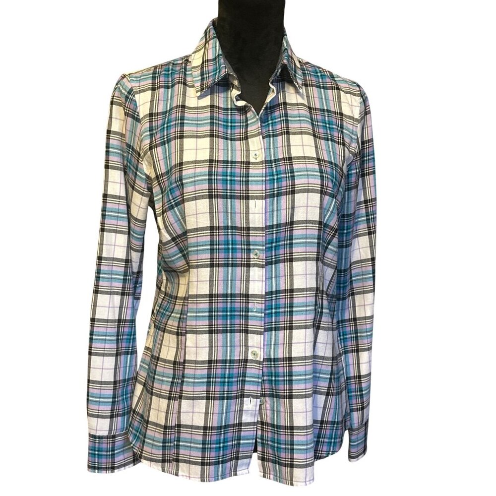 Izod Womens Long-Sleeve Plaid Button-Down Shirt M Cotton Blend Blue Purple White